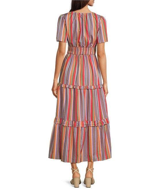 Calessa Petite Size Stripe Round Split Neck Short Sleeve Dress Product Image