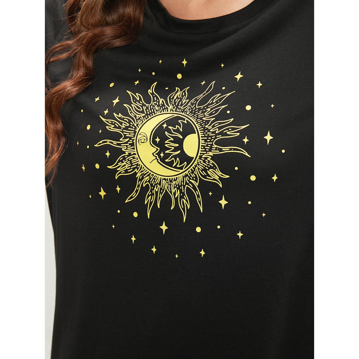 Plus Size Moon And Star Round Neck T-shirt DimGray Women Casual Printed Star and moon Dailywear T-shirts BloomChic 12/L Product Image