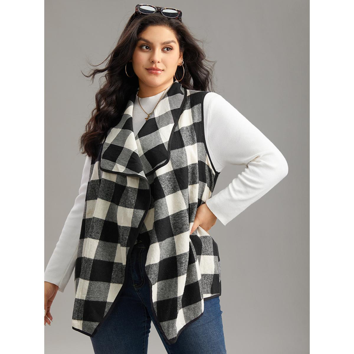 Plus Size Plaid Asymmetrical Hem Open Front Vest Women Black Casual Contrast Dailywear Kimonos BloomChic 26/4X Product Image