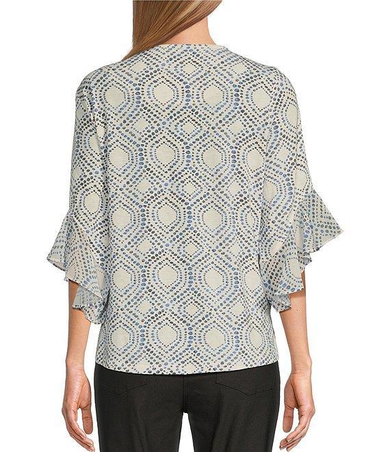 Multiples Slub Knit Georgette Block Multi Scoop Neck 3/4 Flounce Sleeve Fitted Top Product Image