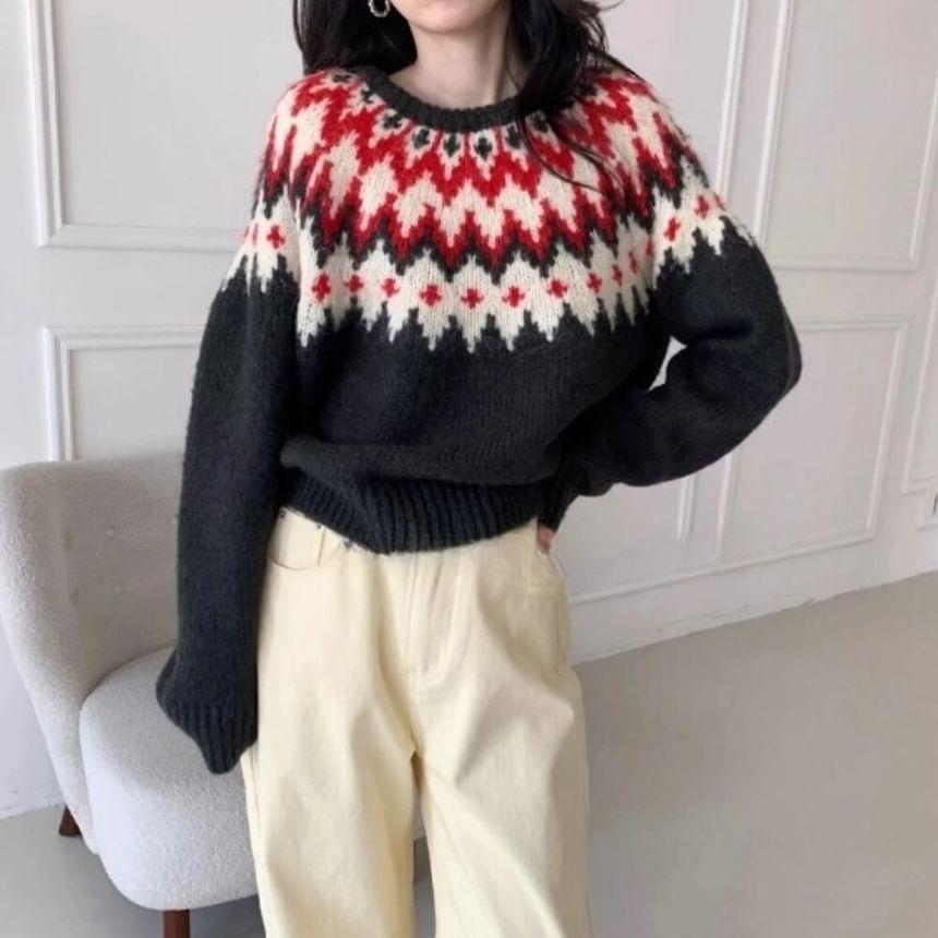 Crew Neck Patterned Sweater Product Image