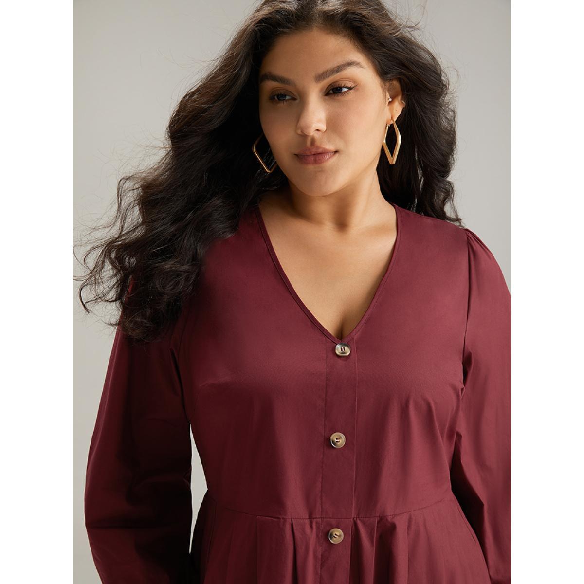 Plus Size Cotton Button Detail Elastic Cuffs Dress Burgundy Women Elegant Elastic cuffs V-neck Long Sleeve Curvy Midi Dress BloomChic 14-16/1X Product Image