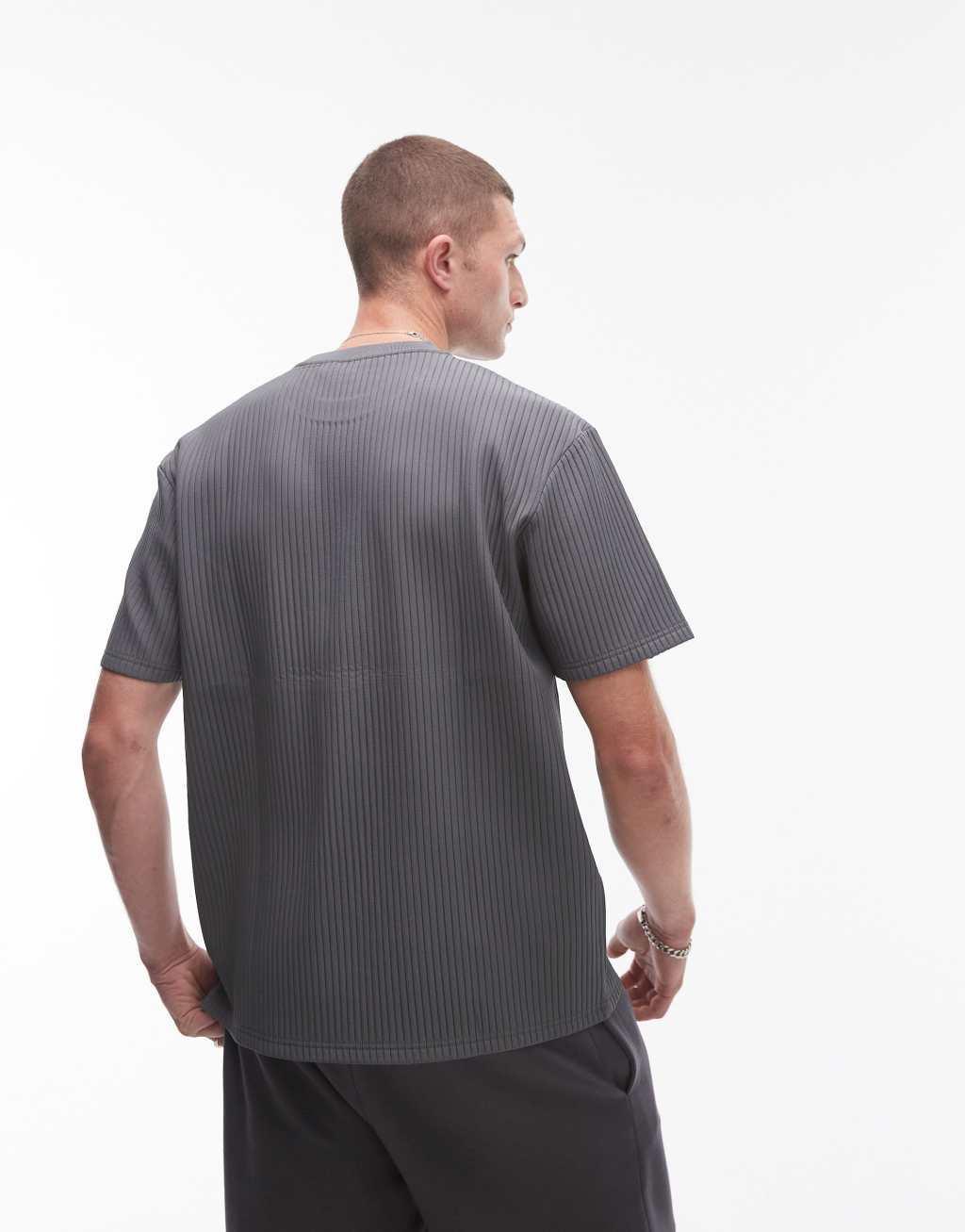 Topman oversized fit plisse T-shirt in charcoal Product Image