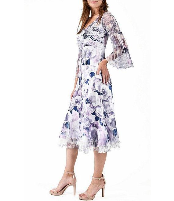 Komarov Pleated Floral V-Neck 3/4 Wide Chiffon Sleeve Layered Hem Dress Product Image