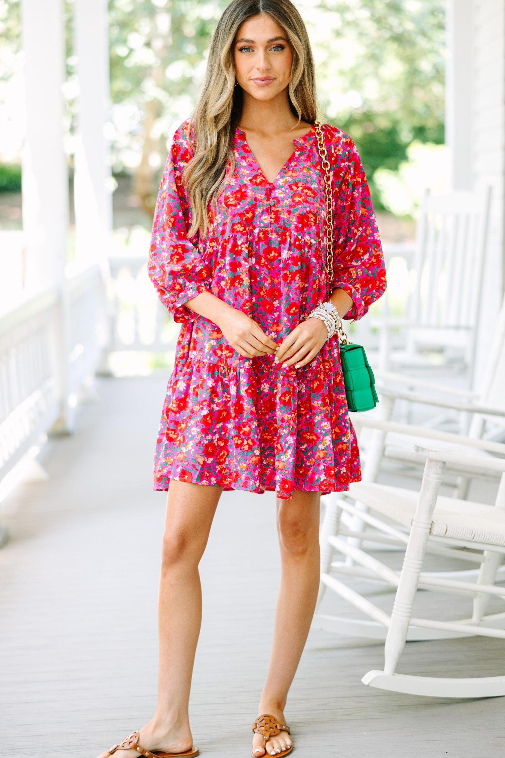 Can't Be Outdone Fuchsia Pink Ditsy Floral Babydoll Dress Female Product Image