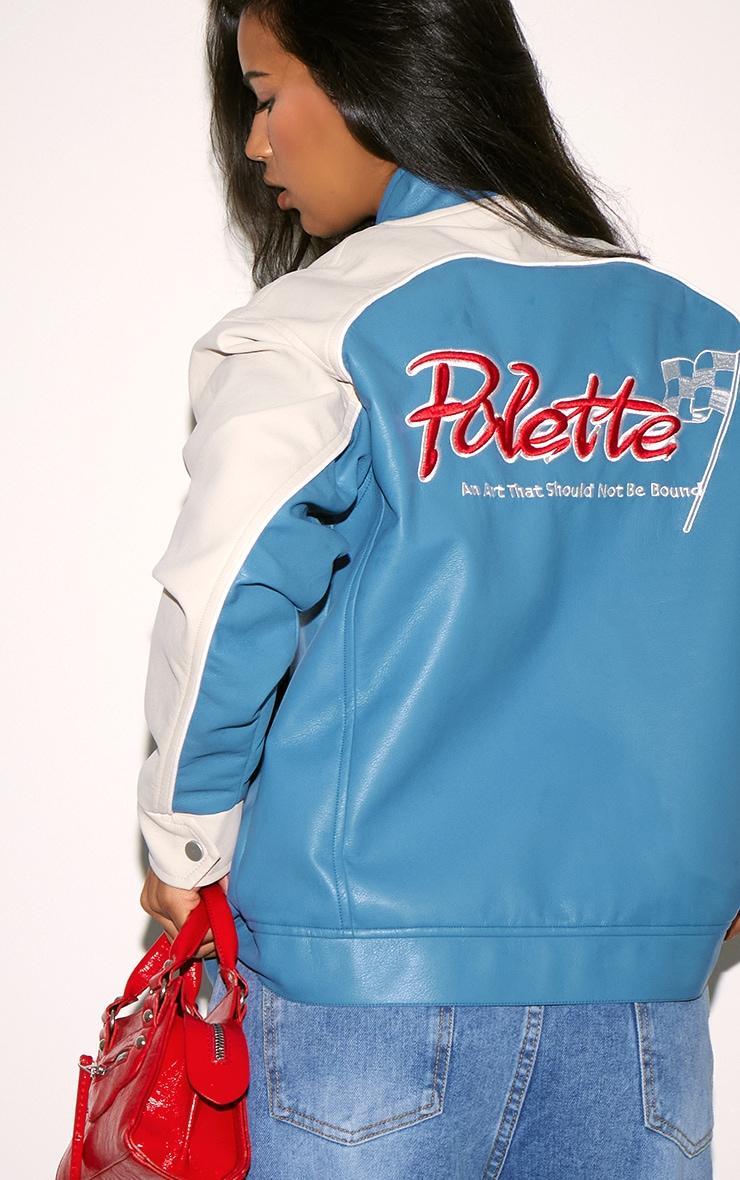 Blue Worn Faux Leather Contrast Panel Oversized Jacket Product Image