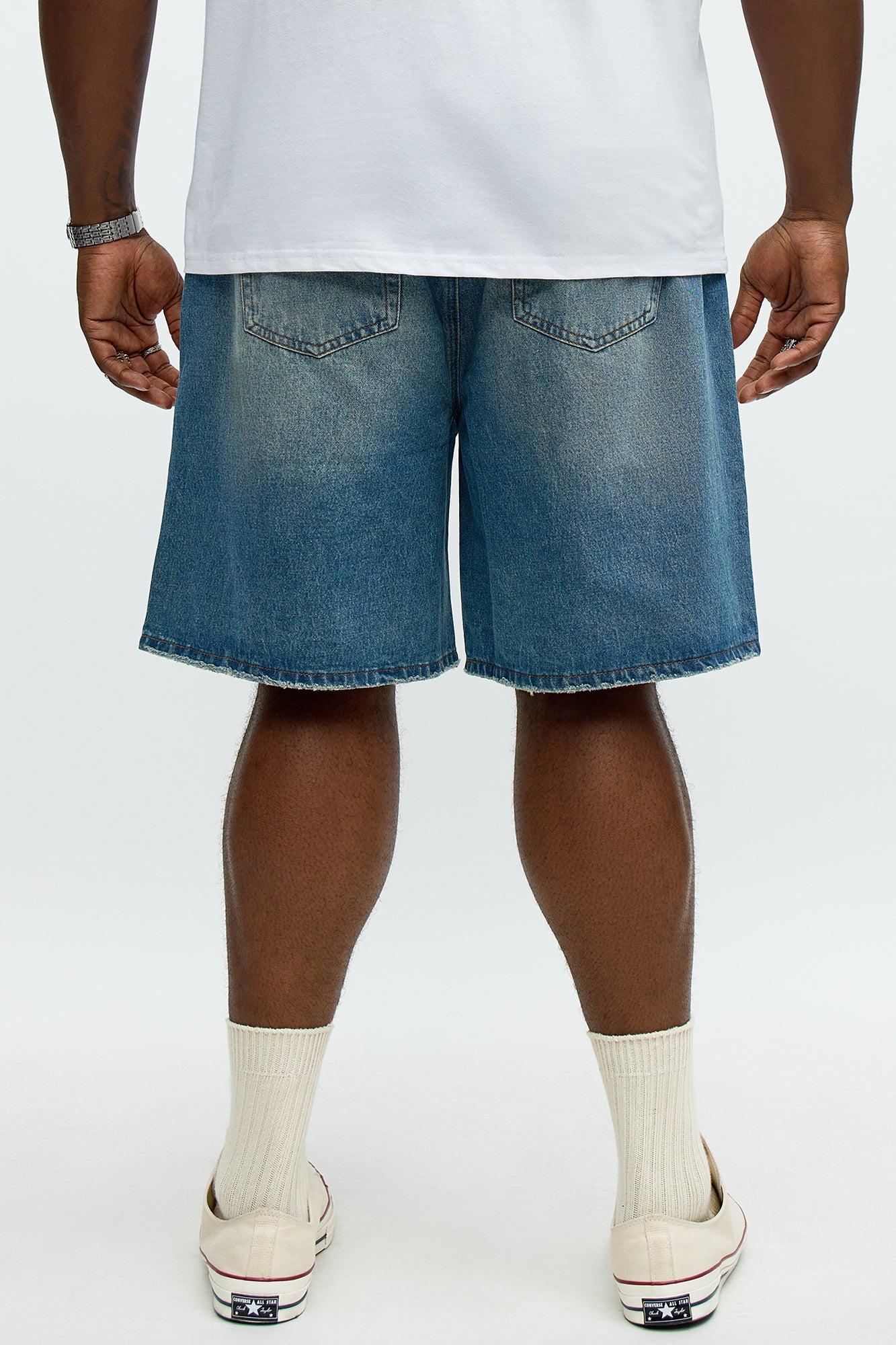 Relaxed Patches With Fray Distressed Denim Shorts - Vintage Blue Wash Product Image