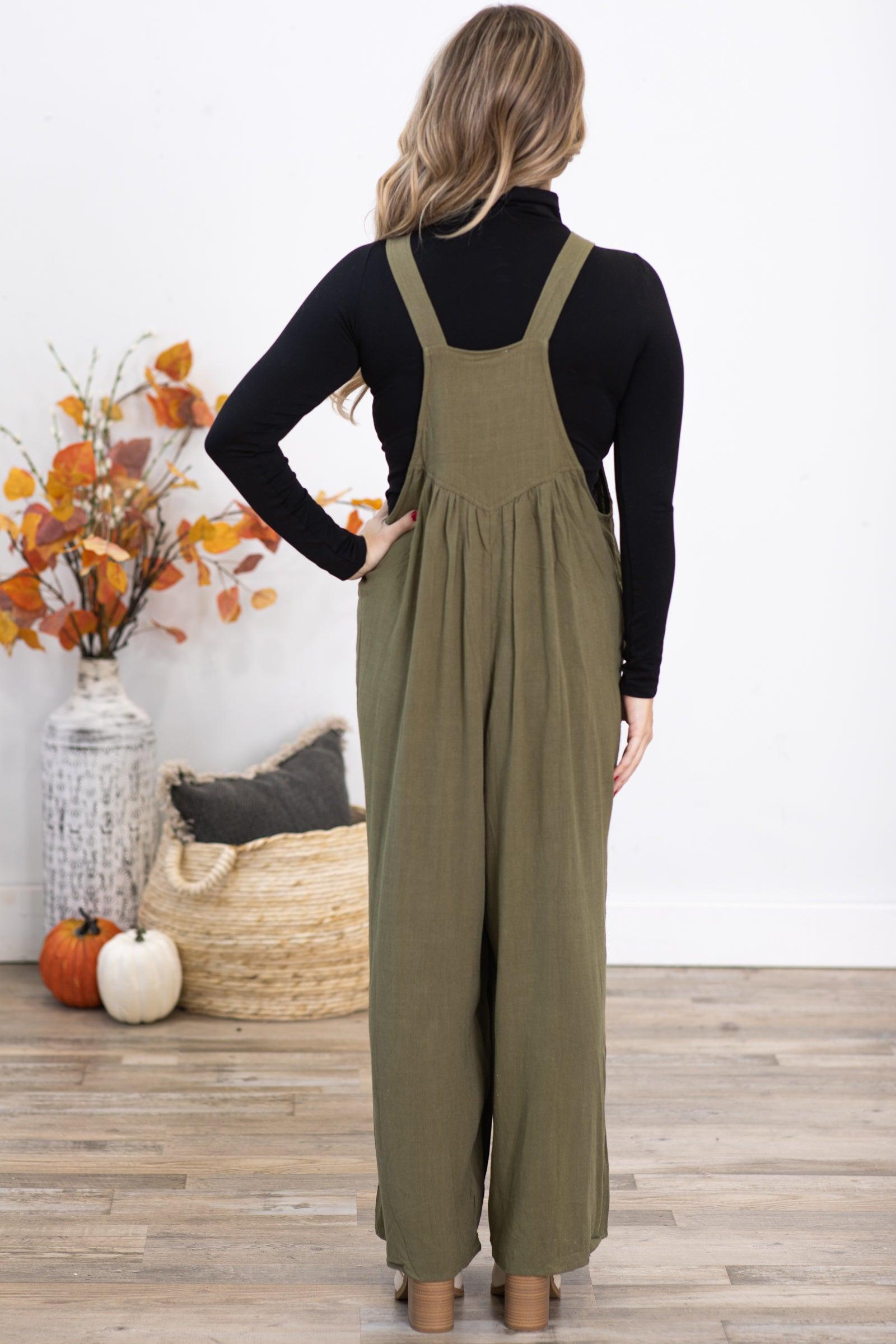 Olive Wide Leg Overalls With Pleats Product Image