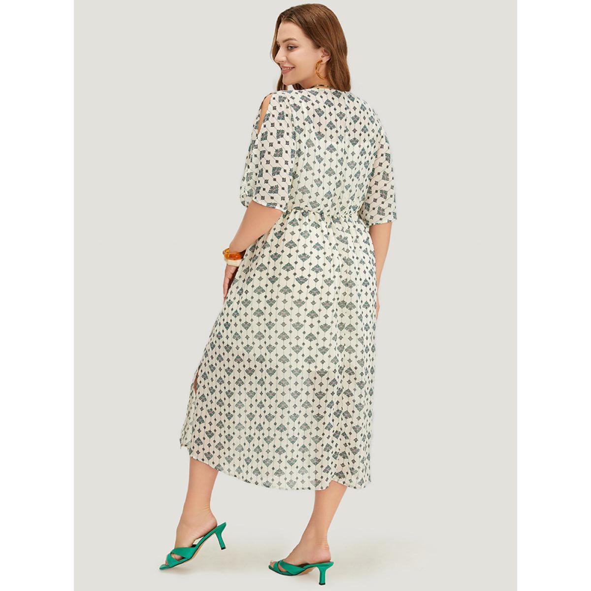 Plus Size Bandana Dolman Sleeve Pocket Cold Shoulder Split Dress Ivory Women Vacation Stand-up collar Half Sleeve Curvy Midi Dress BloomChic 10/M Product Image