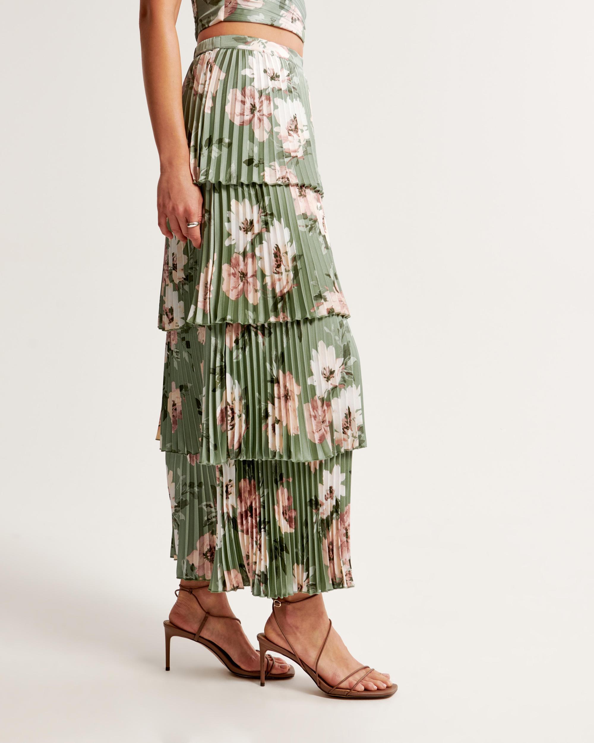 Satin Pleated Tiered Maxi Skirt Product Image