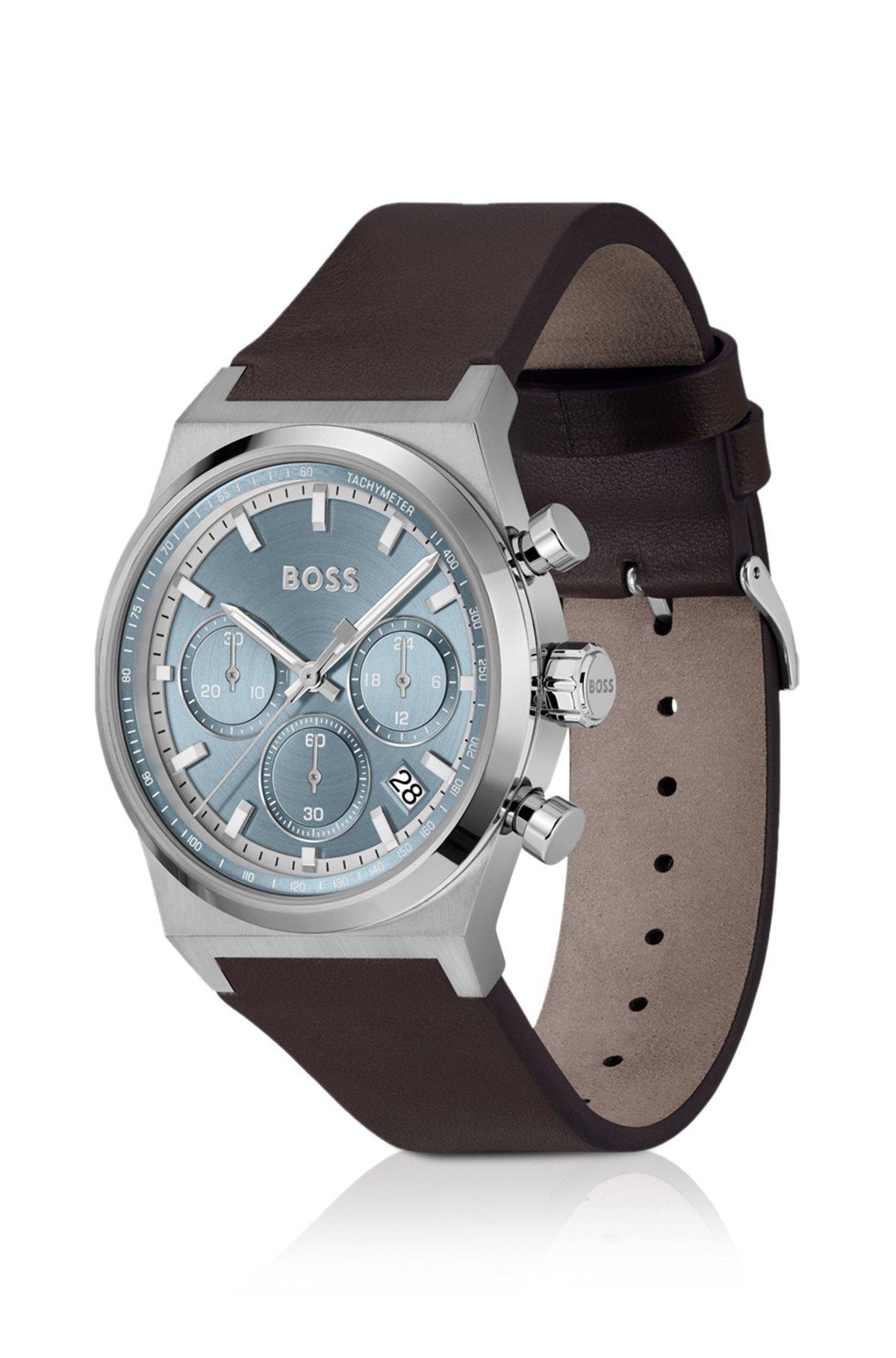 BOSS - Silver-tone chronograph watch with brown leather strap Product Image
