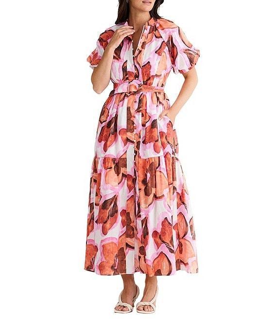 Brave + True Amour Floral Print Mandarin Collar Button Front Belted Short Puff Sleeve Maxi Dress Product Image