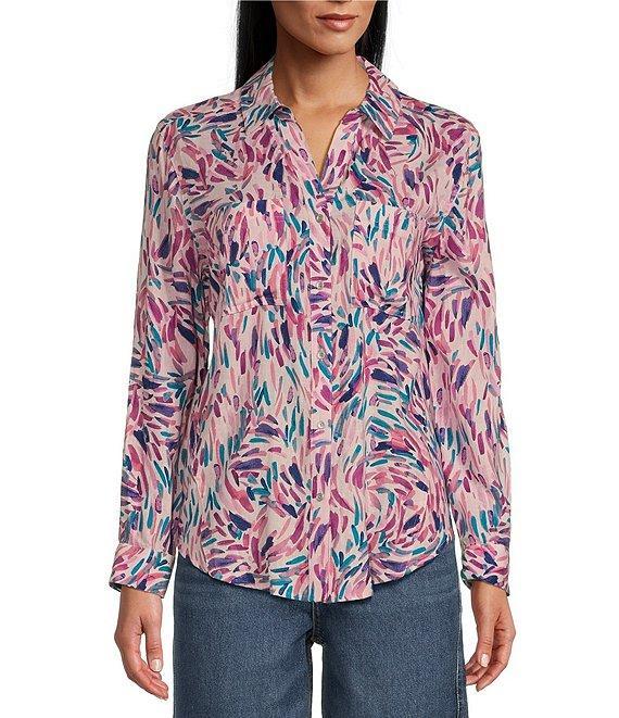 Westbound Dancing Daubs 3/4 Roll-Tab Sleeve Point Collar Y-Neck Button Front Shirt Product Image