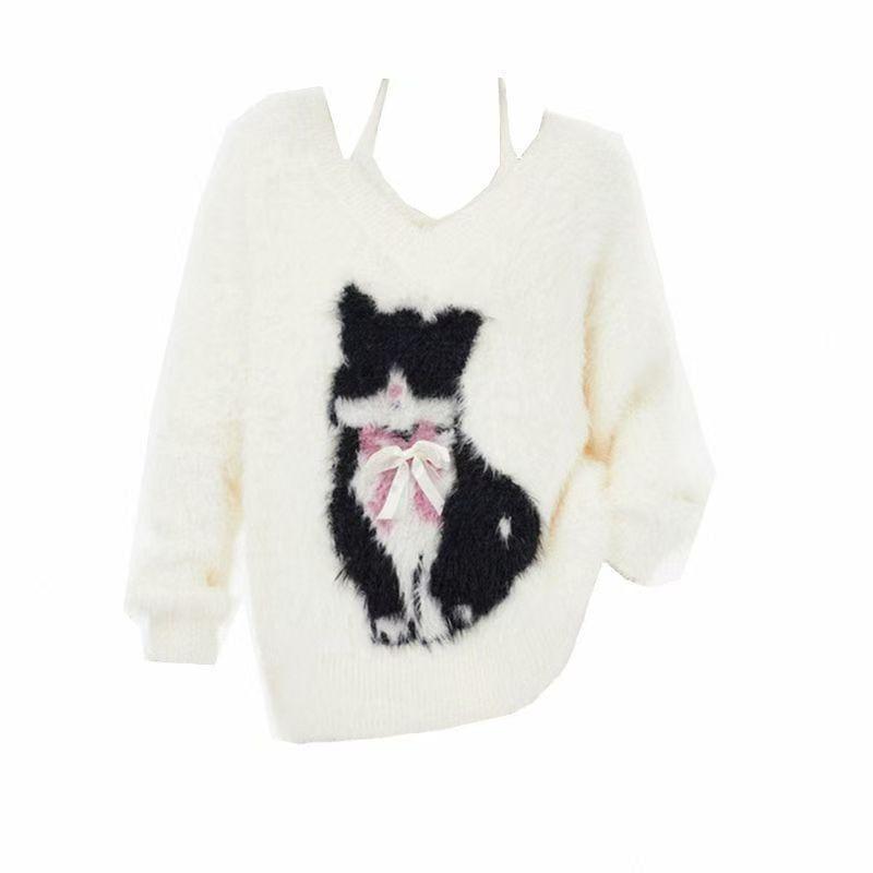Set: V-Neck Cat Jacquard Bow Accent Fluffy Sweater + Halter Neck Top Product Image