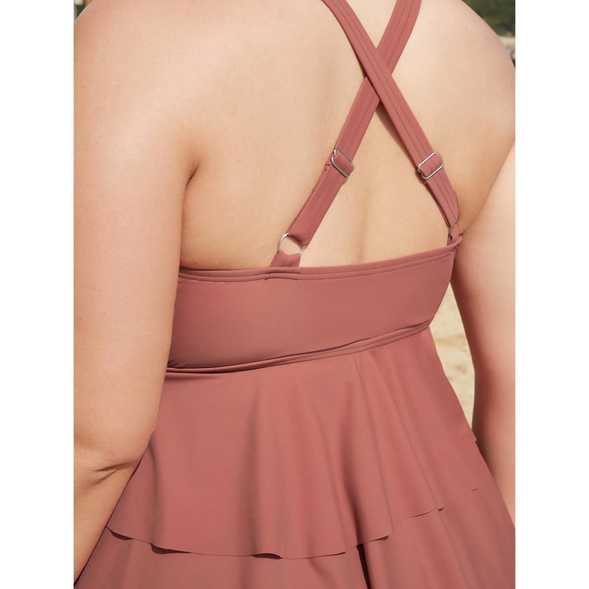 Plus Size Drawstring Crisscross Back Ruffle Tiered Tankini Top Women's Swimwear Russet Vacation Adjustable Straps High stretch Bodycon V-neck Curve Swim Tops BloomChic 18-20/2X Product Image