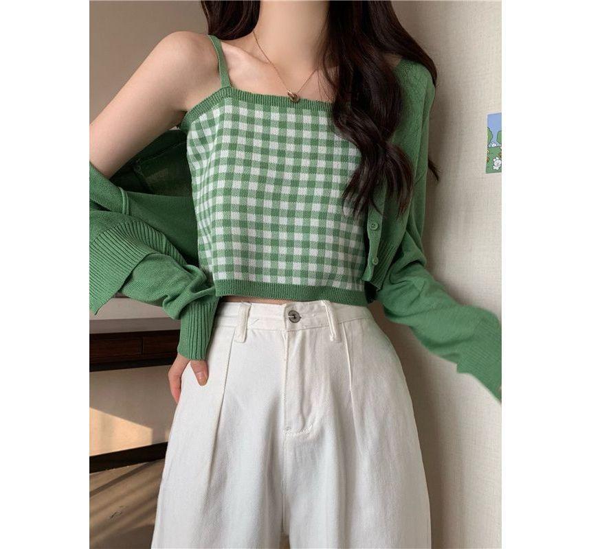 Long-Sleeve Plain Cardigan / Plaid Camisole Top Product Image