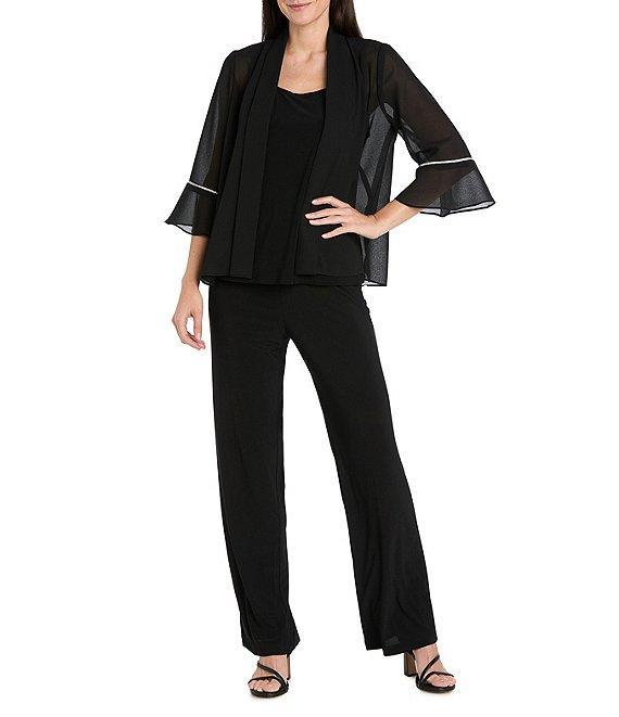 R & M Richards Pebble Georgette Rolled Neckband Rhinestone 3/4 Sleeve Jacket Product Image