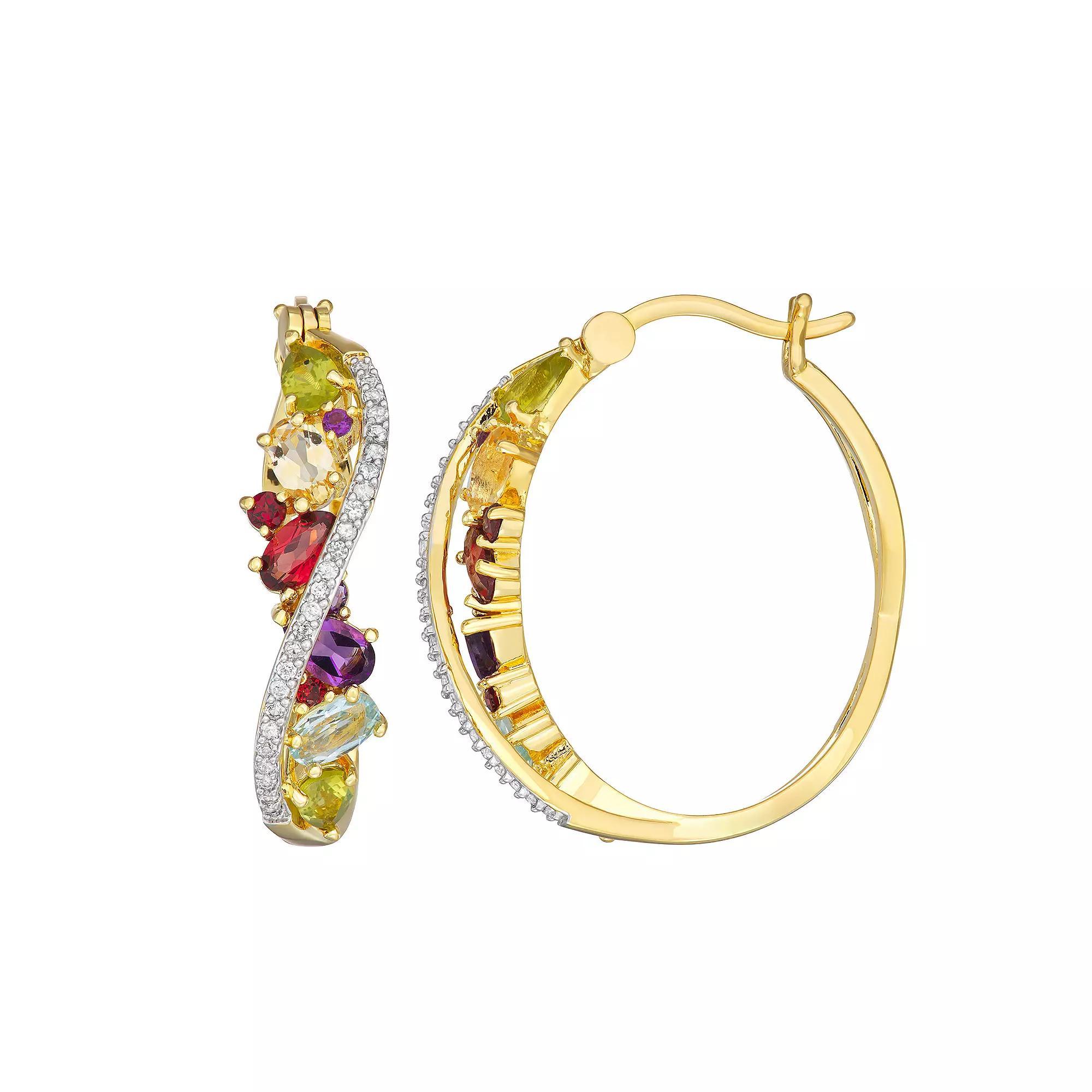 18K Gold over Sterling Silver Gemstone & 1/10 Carat T.W. Diamond Hoop Earrings, Women's, Gold Tone Product Image