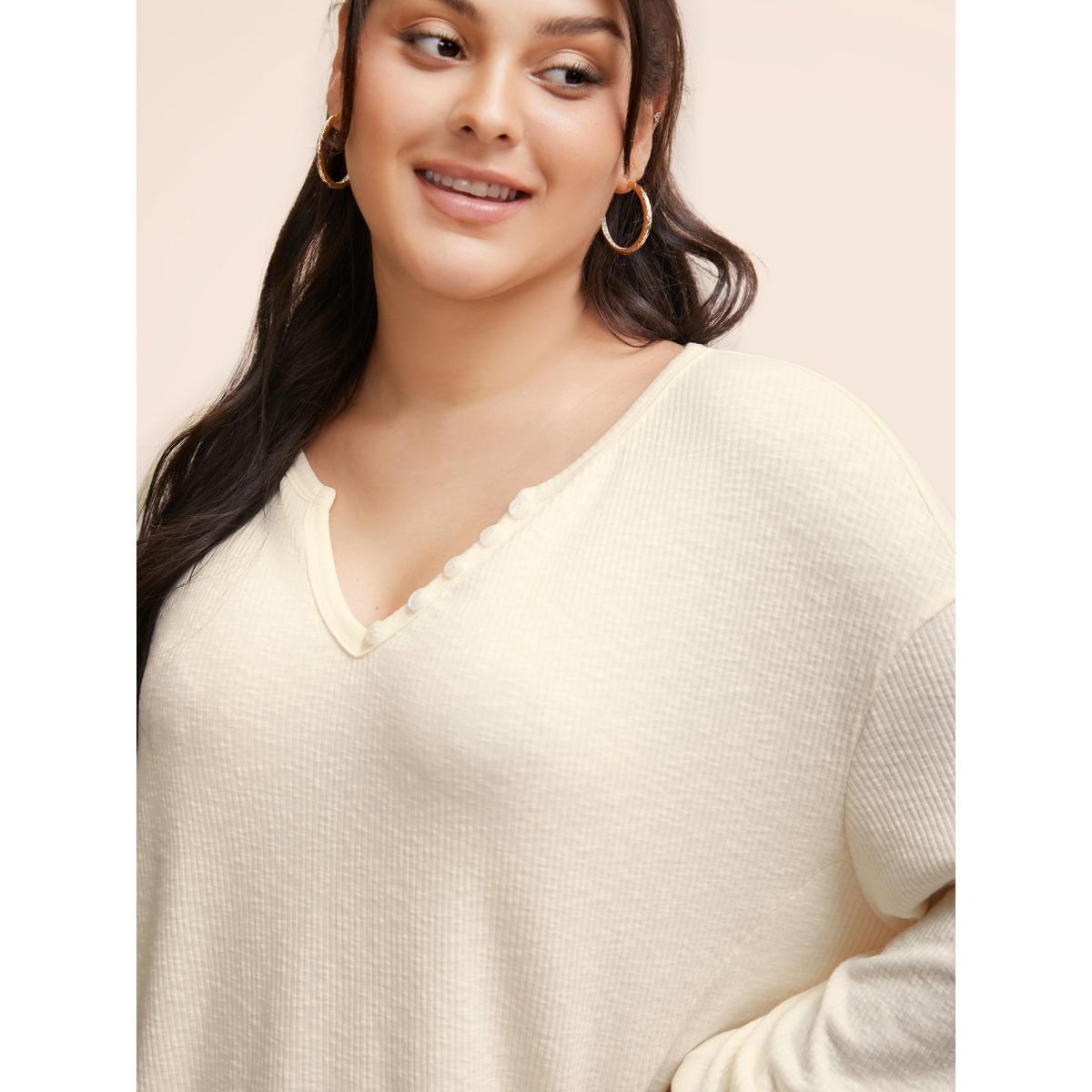 Plus Size Notched Button Detail Split Hem Sweatshirt Women Beige Casual Texture Flat collar with V-notch Everyday Sweatshirts BloomChic 22-24/3X Product Image