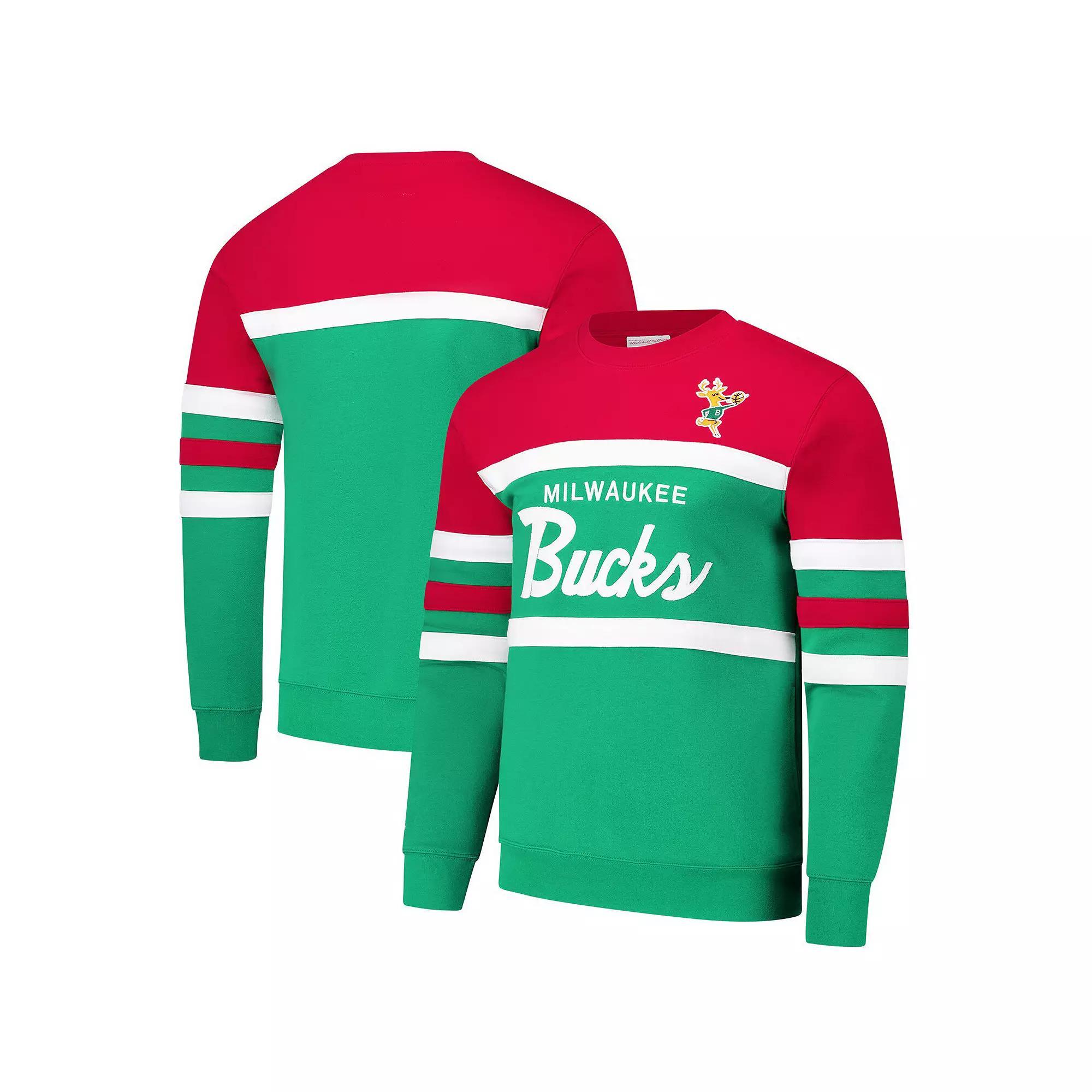 Men's Mitchell & Ness Green/Red Milwaukee Bucks Hardwood Classics Vintage Logo Head Coach Pullover Sweatshirt, Size: Small Product Image
