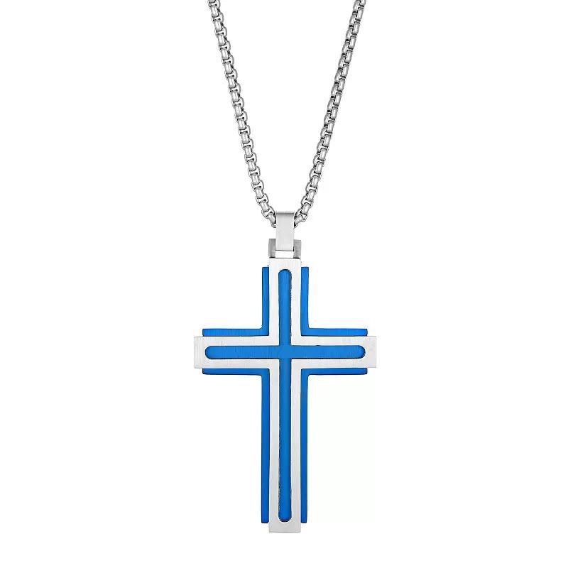 LYNX Men's Blue Ion-Plated Stainless Steel Cross Pendant Necklace, Size: 24", Two Tone Product Image