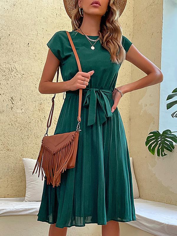 A-Line Loose Pleated Solid Color Tied Waist Round-Neck Midi Dresses Product Image