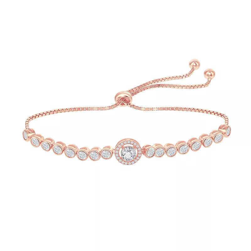 Sterling Silver Round Halo Cubic Zirconia Bolo Bracelet, Women's, Size: 8", 14k Rose Gold Plated Product Image