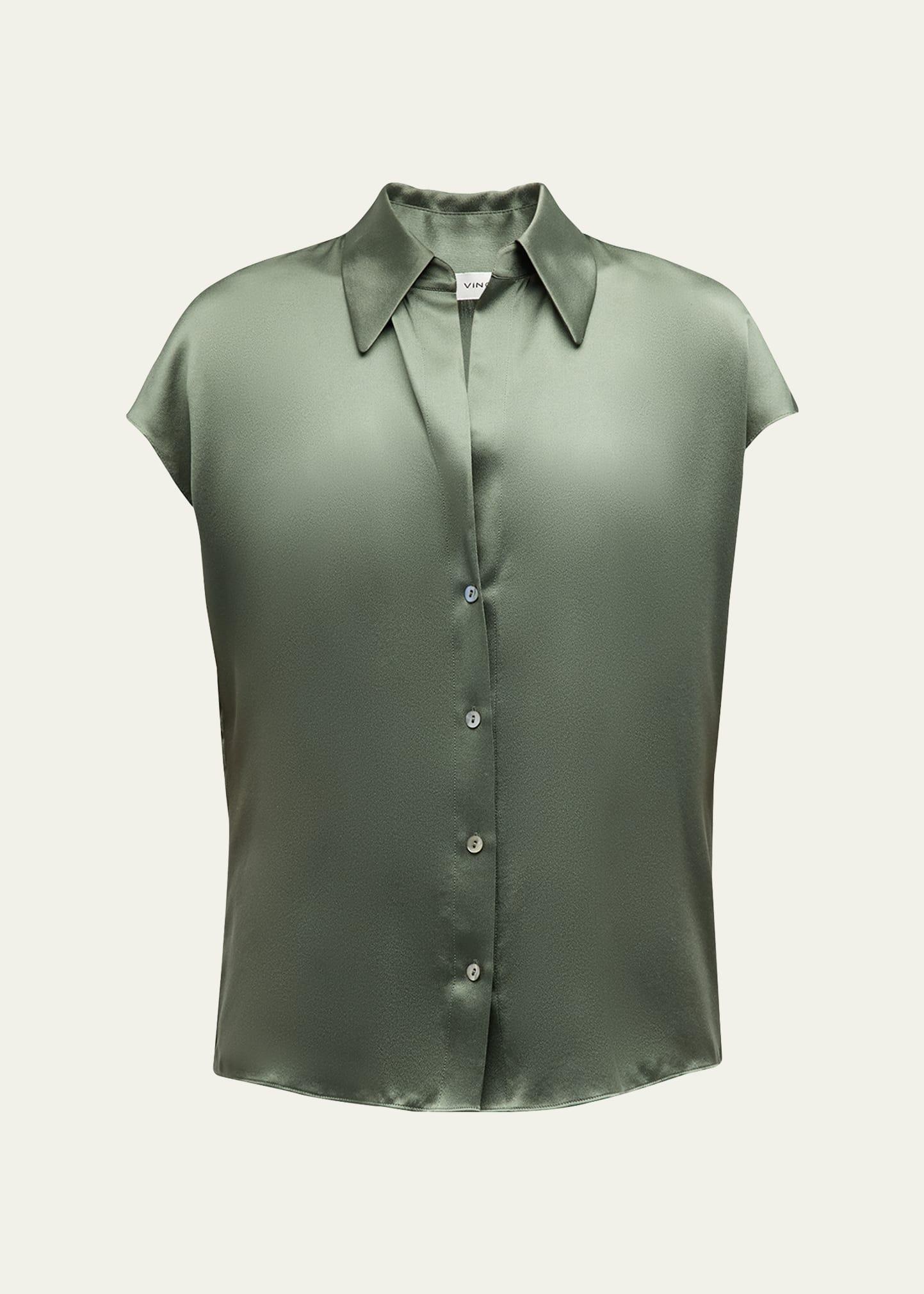 Cap-Sleeve Ruched-Back Silk Blouse Product Image