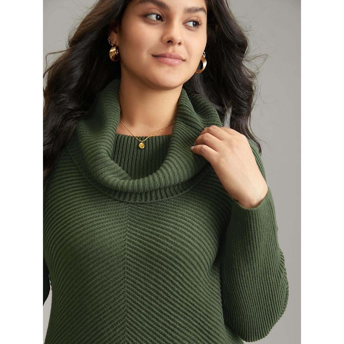 Plus Size Turtle Neck Plain Asymmetrical Hem Drop Shoulder Pullover ArmyGreen Women Casual Loose Long Sleeve Turtleneck Dailywear Pullovers BloomChic 18-20/2X Product Image