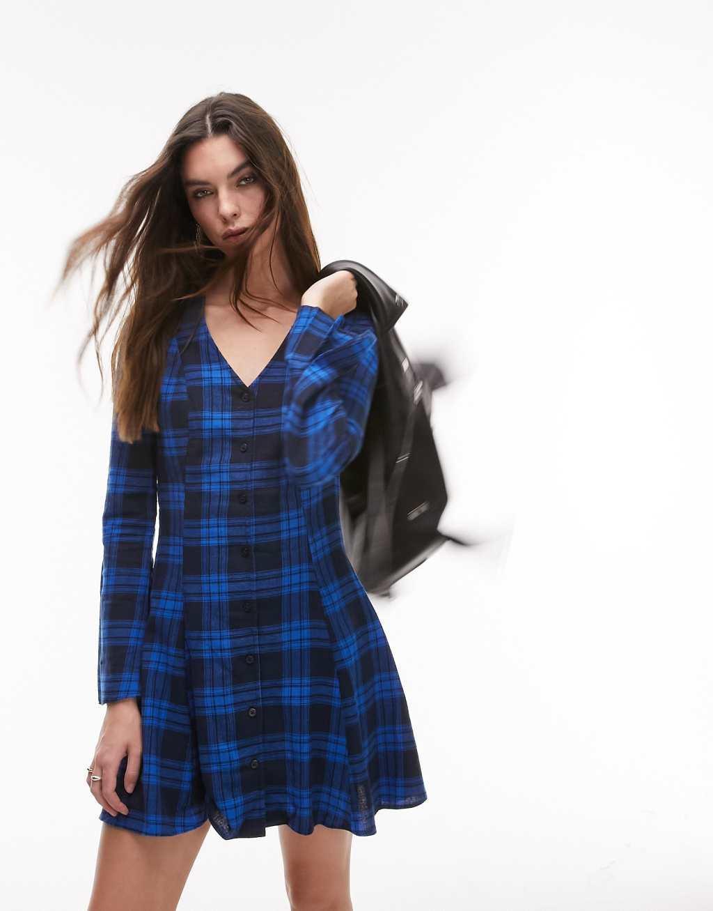 Topshop v neck brushed check mini shirt dress Product Image