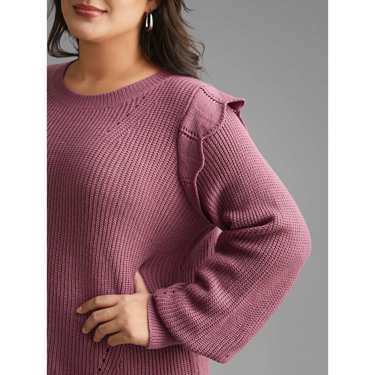 Plus Size Plain Texture Trim Lantern Sleeve Pullover DustyPink Women Casual Loose Long Sleeve Round Neck Everyday Pullovers BloomChic 10/M Product Image