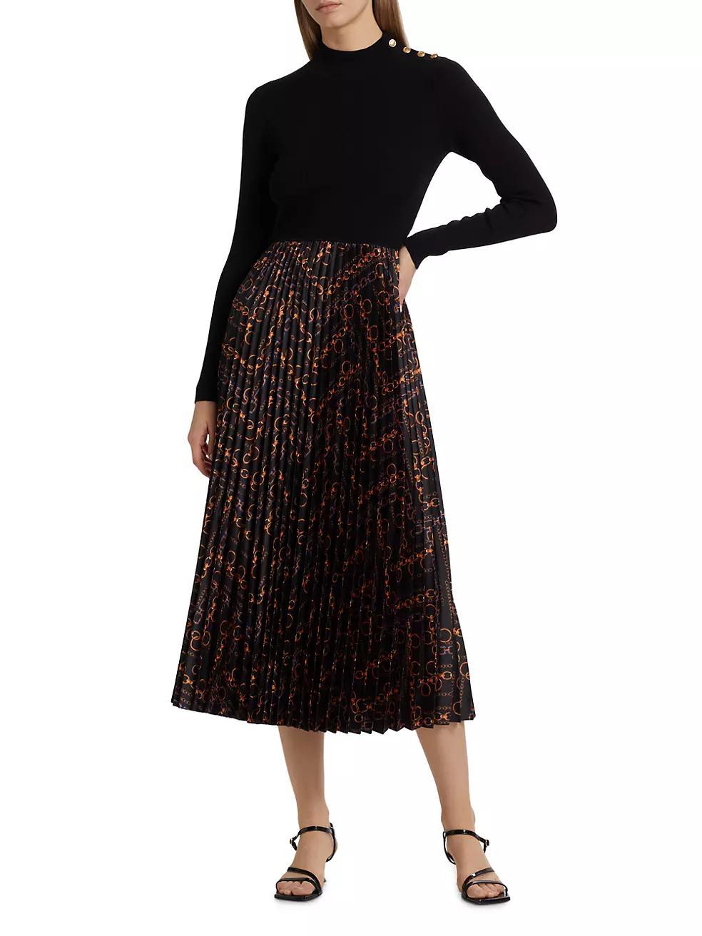 The Mave Mixed-Media Gilded Chain Print Sweater Dress Product Image