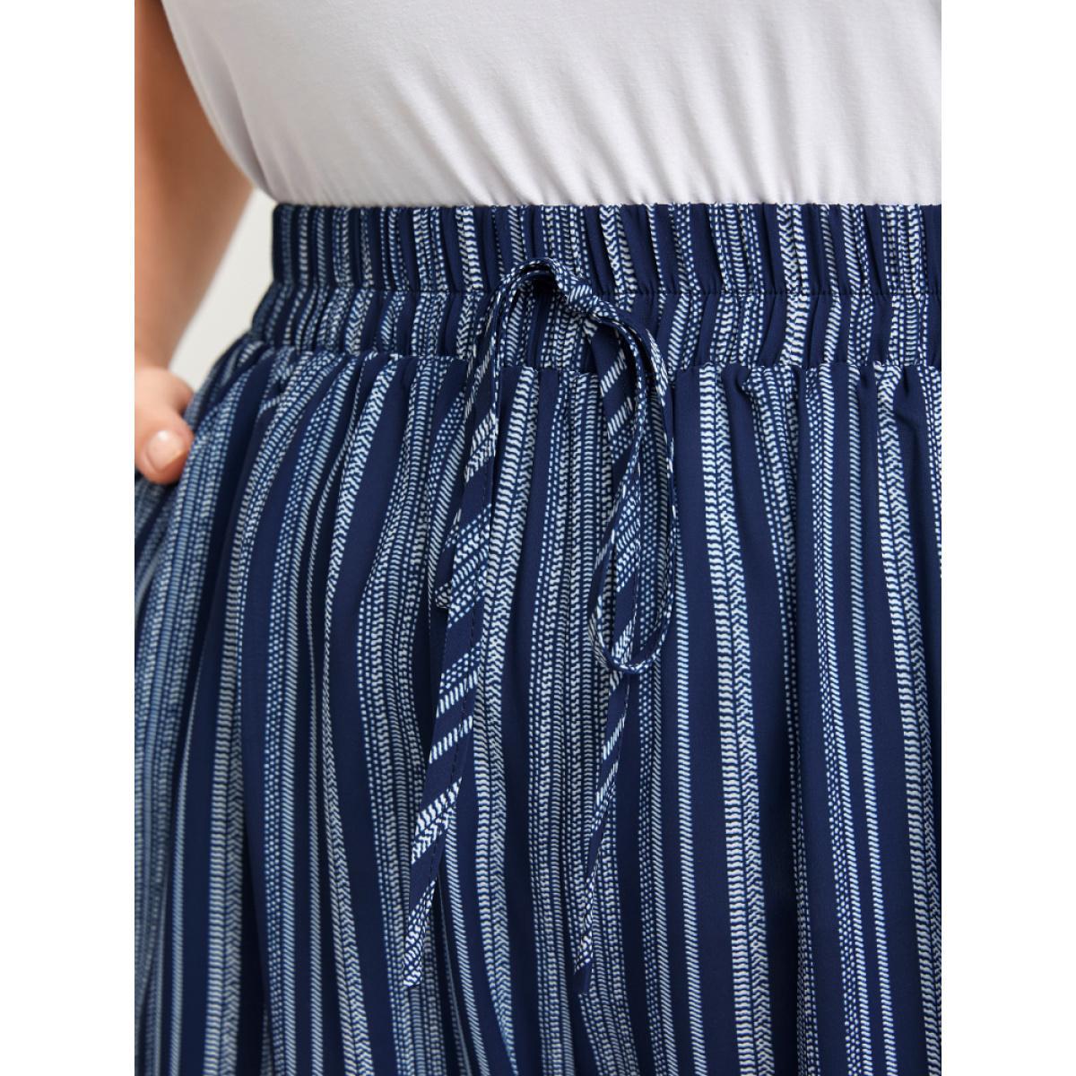 Plus Size Striped Elastic Waist Pocket Ties Pants Women DarkBlue Casual Mid Rise Dailywear Pants BloomChic 12/L Product Image