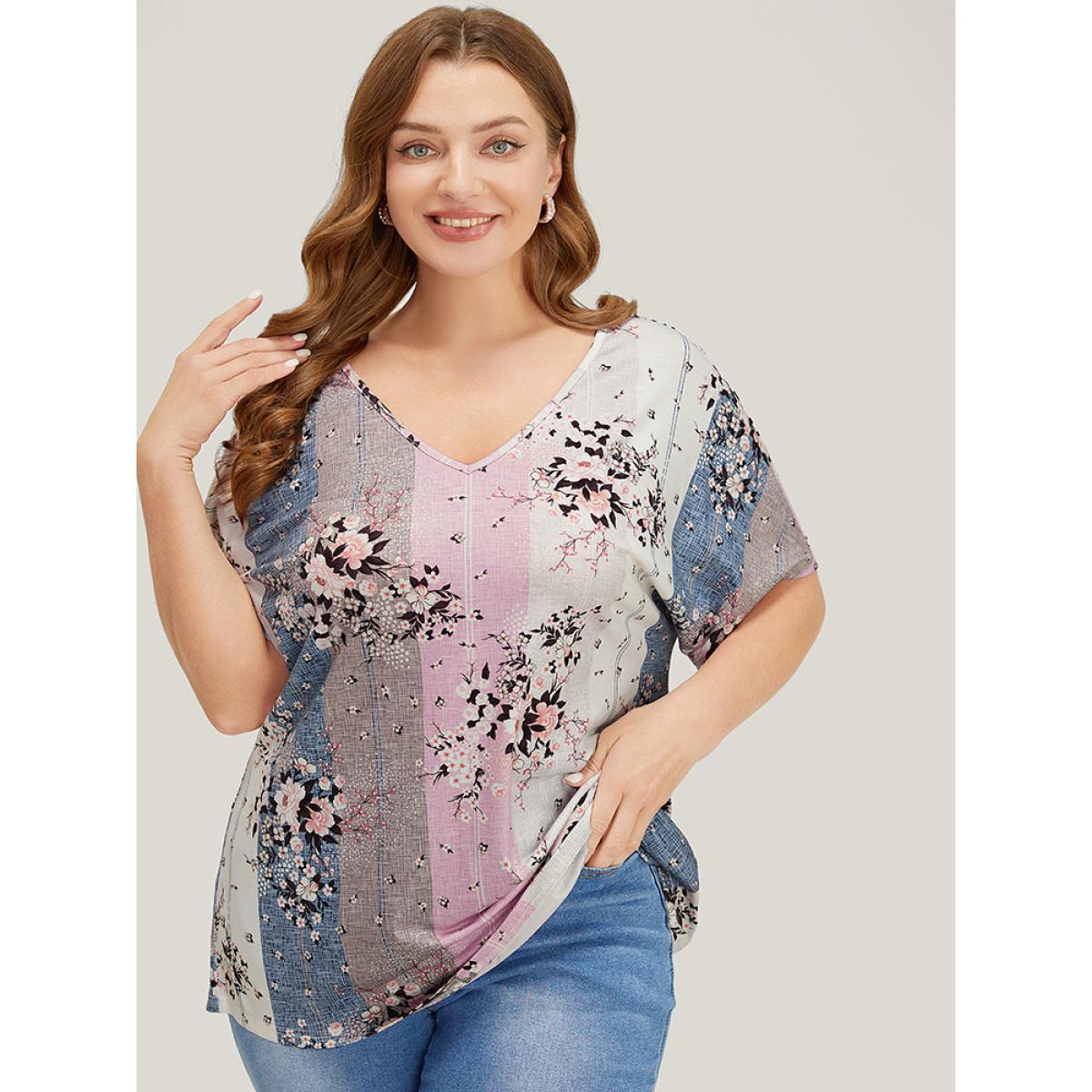 Plus Size Floral Print Ruffle Sleeve Striped Contrast T-shirt MistyRose Women Elegant Floral V-neck Dailywear T-shirts BloomChic 14-16/1X Product Image