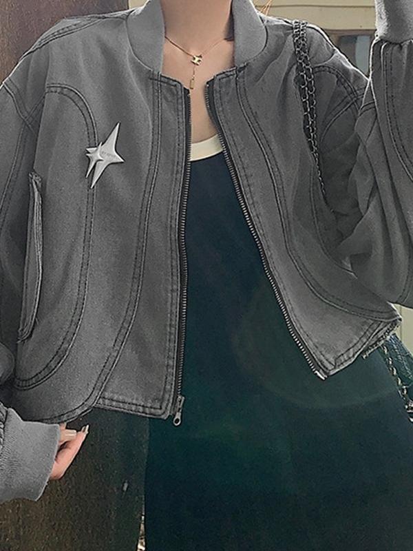 Gray Wash Curvy Hem Zip Up Short Jacket Product Image