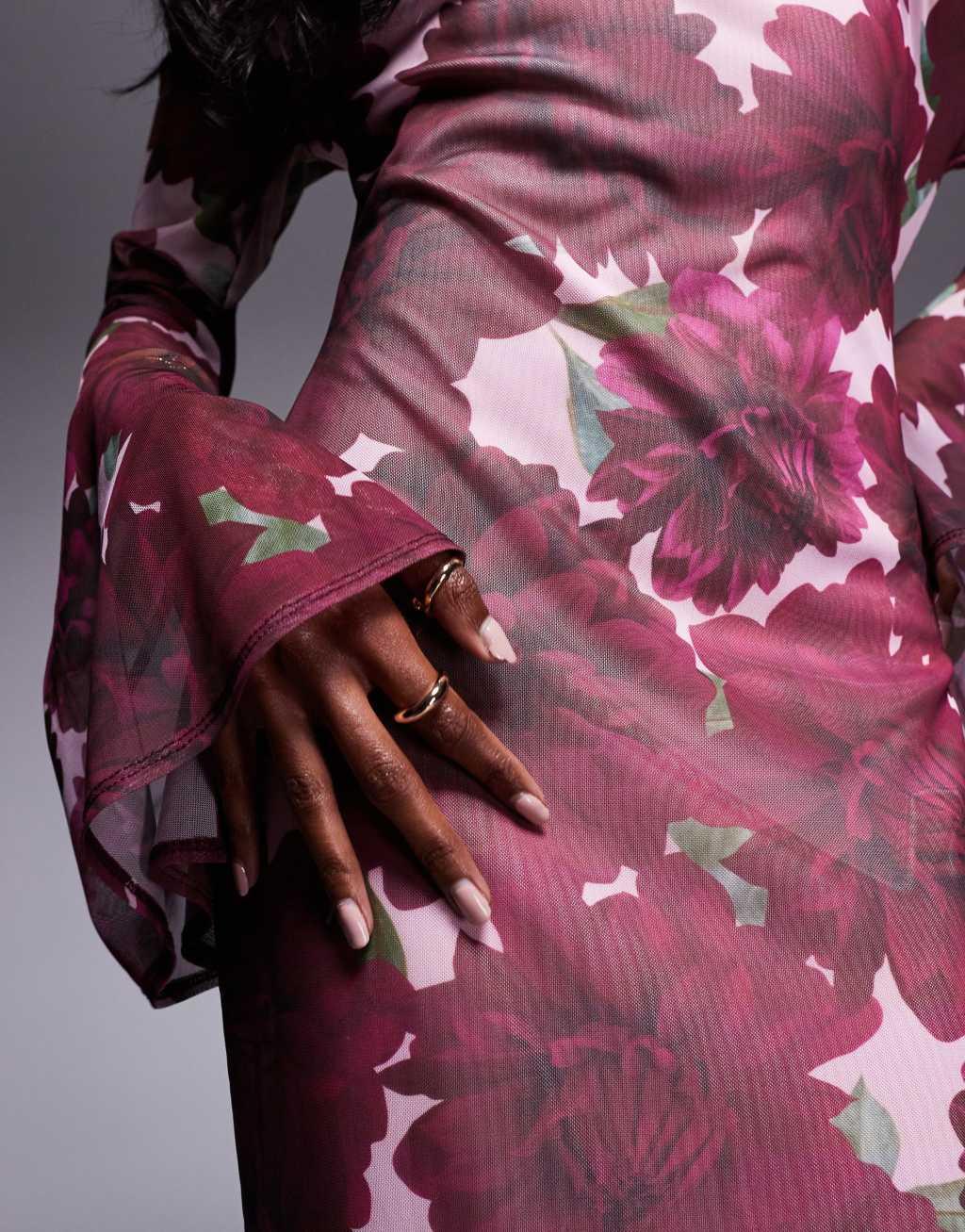 ASOS DESIGN cowl front mesh maxi dress with flare sleeve in print Product Image