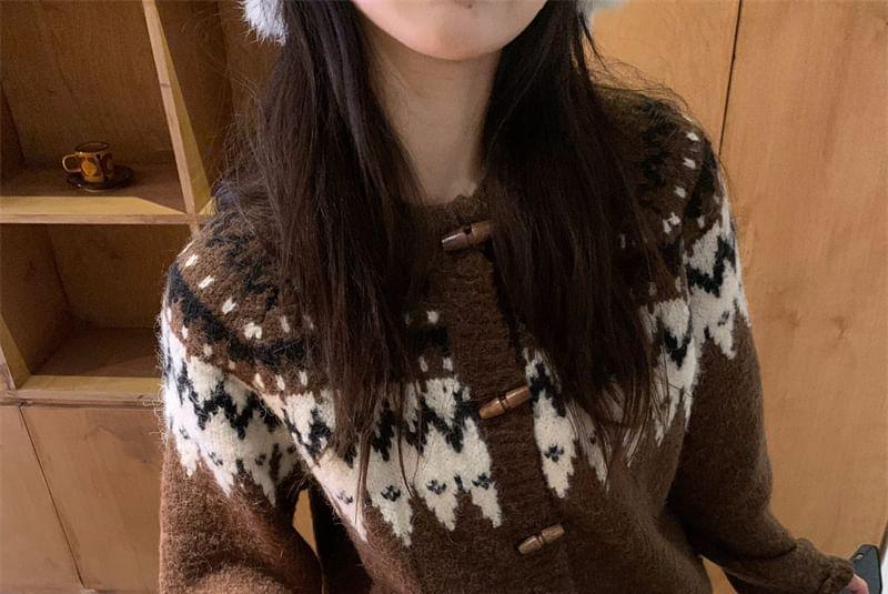 Crew Neck Patterned Toggle Button Up Cardigan Product Image