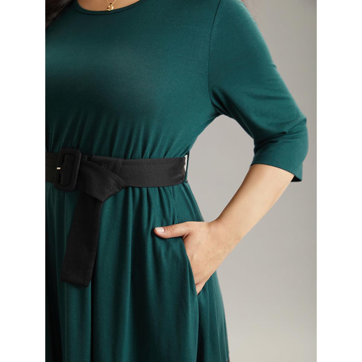 Plus Size Contrast Belted Buckle Detail Elastic Waist Dress DarkGreen Women Casual Belted Round Neck Elbow-length sleeve Curvy Midi Dress BloomChic 12/L Product Image