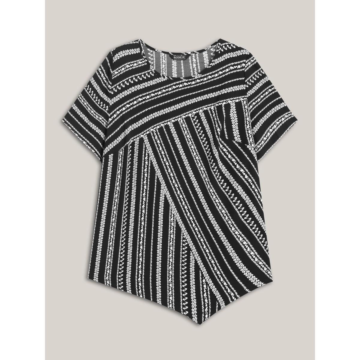 Plus Size Black Striped Overlap Print Curvy Hem Blouse Women Resort Short sleeve Round Neck Vacation Blouses BloomChic 18-20/2X Product Image