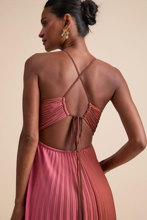Belisse Rust Ombre Pleated Lace-Up Midi Dress Product Image