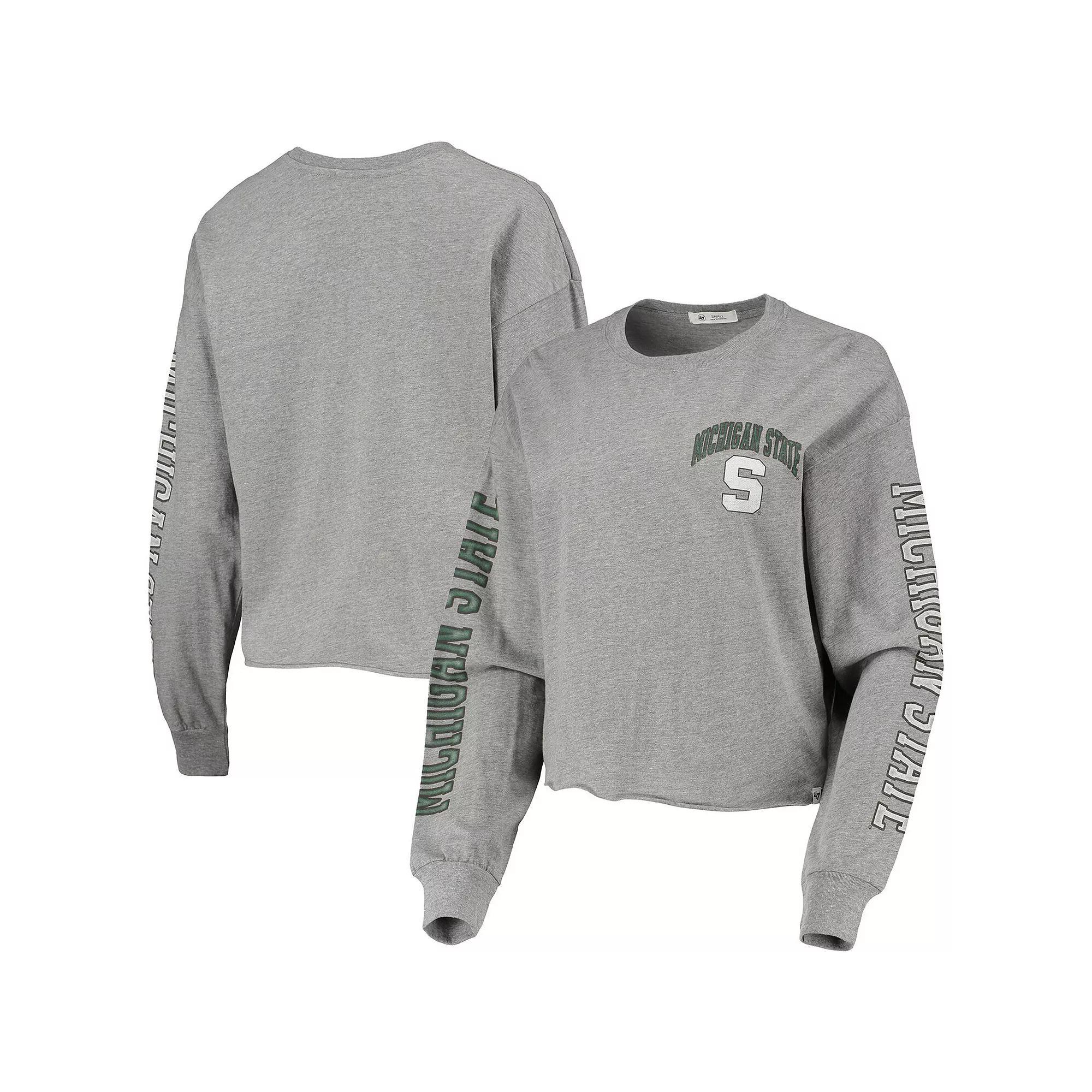 Women's '47 Heathered Gray Michigan State Spartans Ultra Max Parkway Long Sleeve Cropped T-Shirt, Size: Large, Grey Product Image