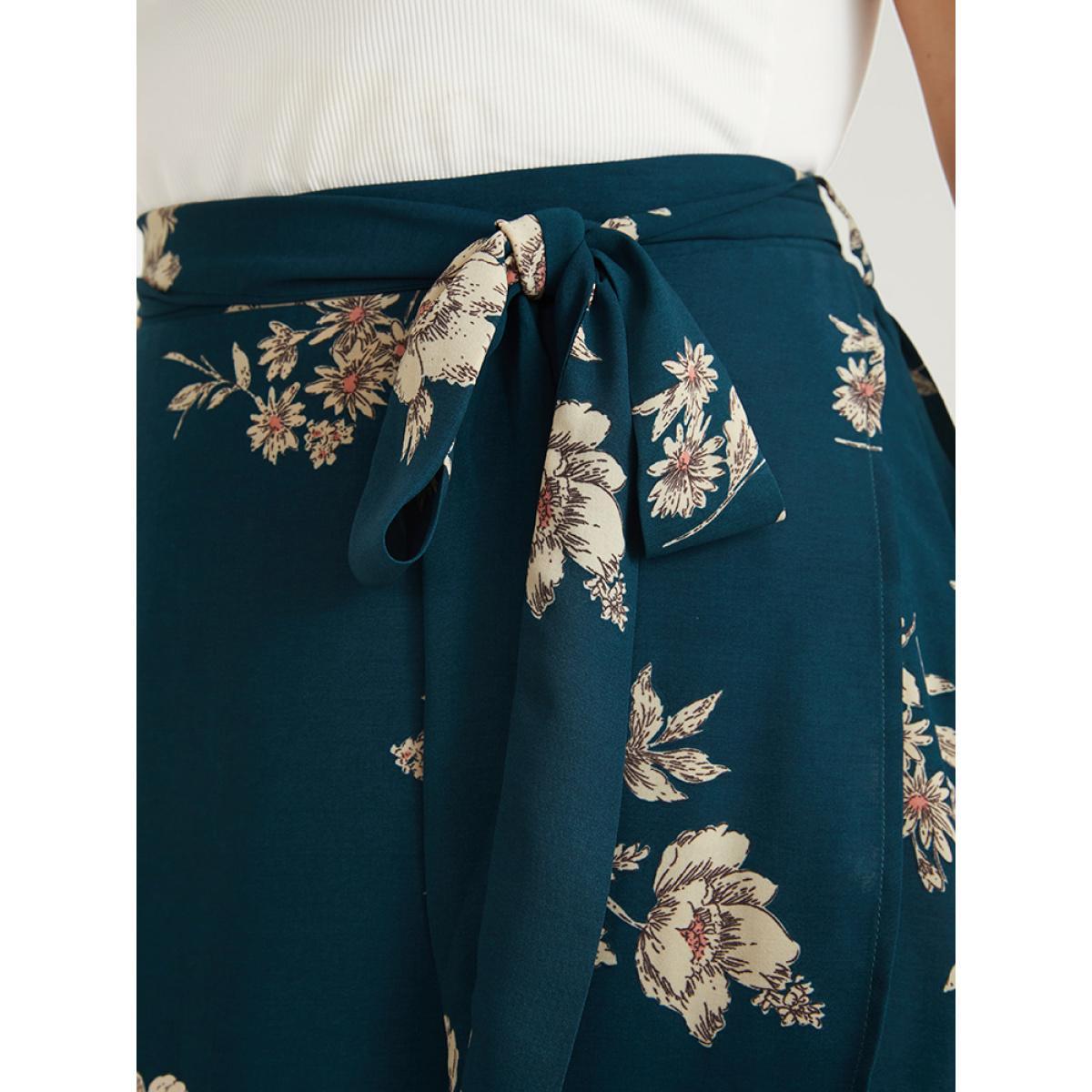 Plus Size Floral Knotted Elastic Waist Wrap Split Skirt Women Aegean Elegant Printed No stretch Belt Dailywear Skirts BloomChic 28/5X Product Image