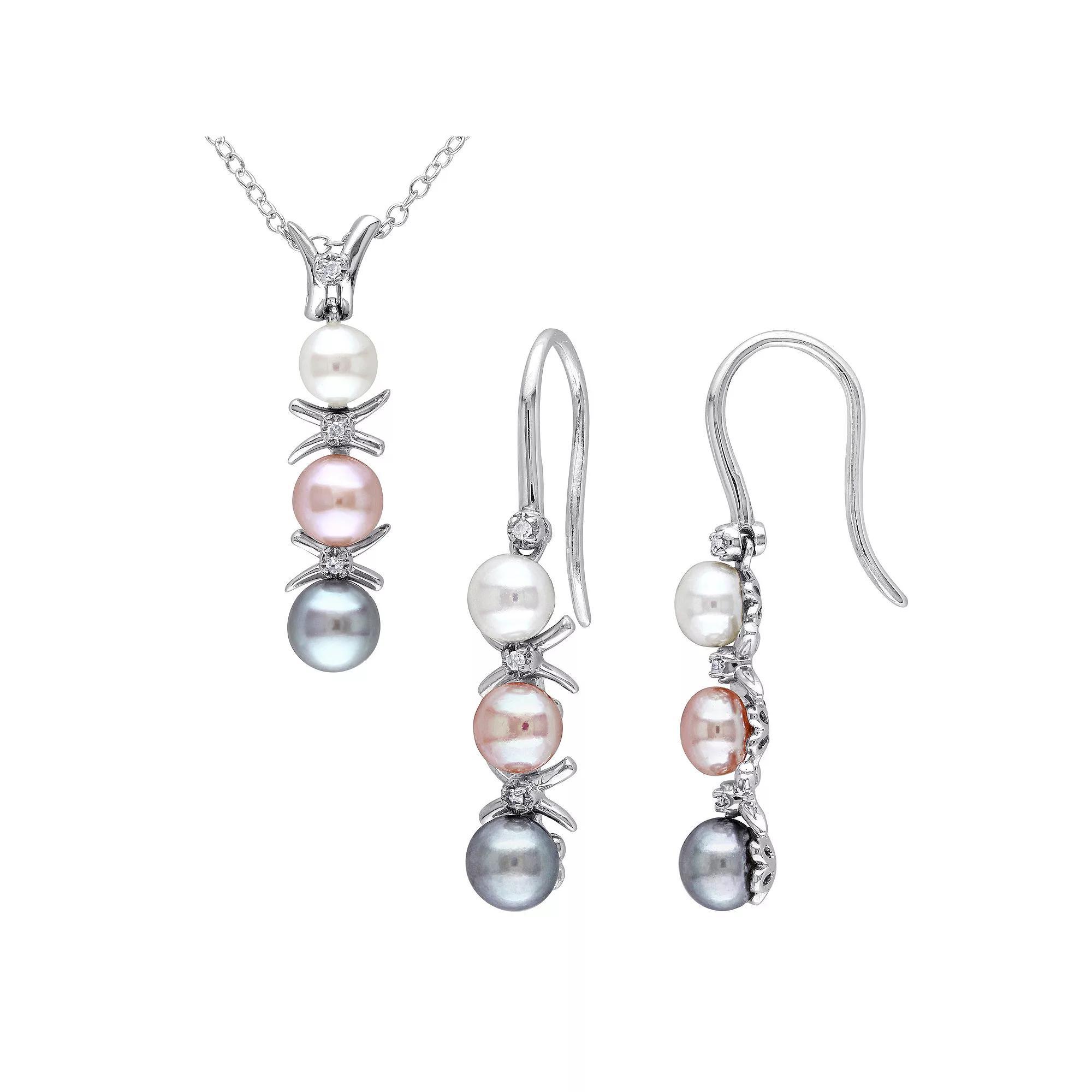 Stella Grace Multicolor Freshwater Cultured Pearl & Diamond Accent Drop Necklace & Earring Set, Womens Sterling Product Image