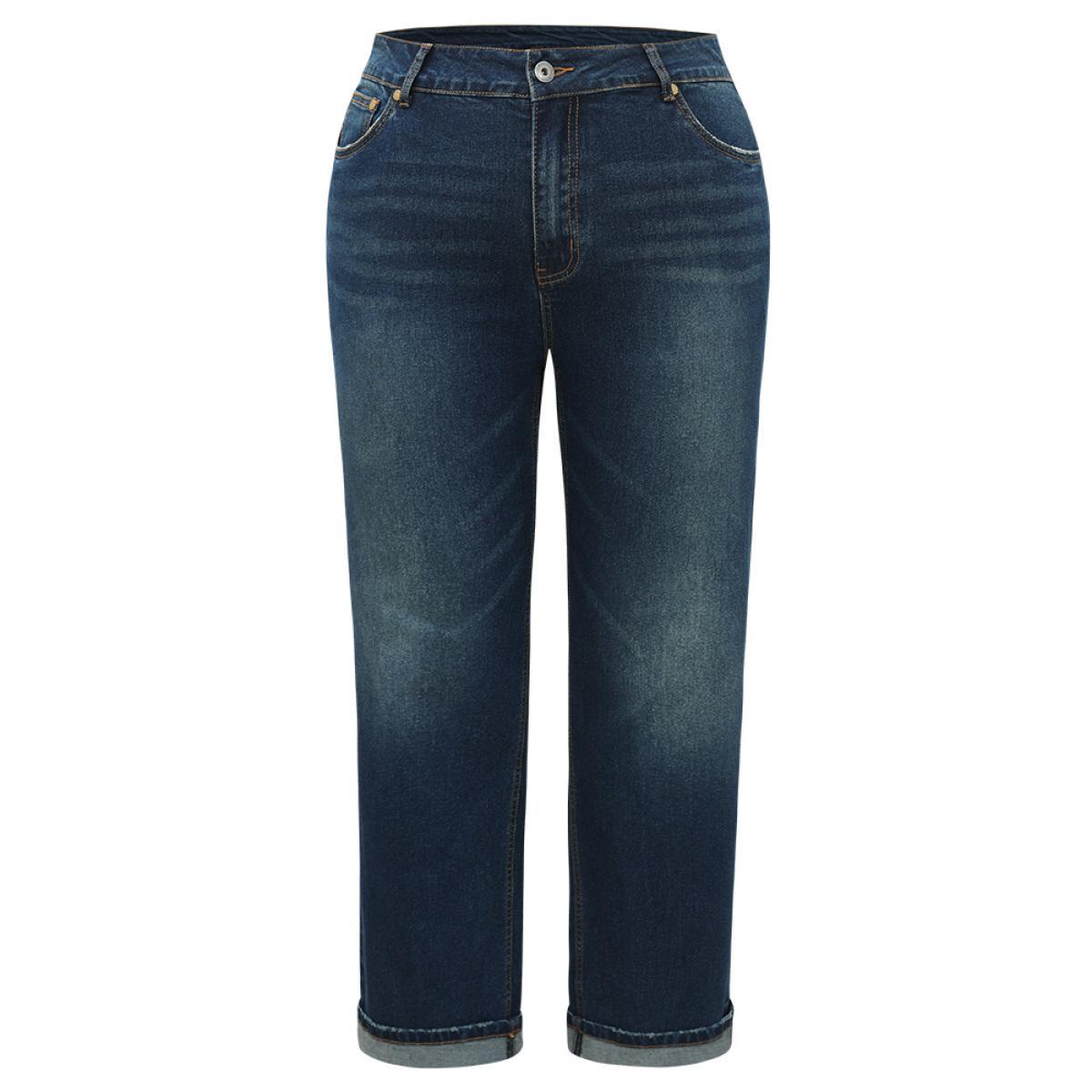 Plus Size Plain Roll Hem Medium Wash Full Length Jeans Women Indigo Casual Plain Plain High stretch Pocket Jeans BloomChic 28/5X Product Image