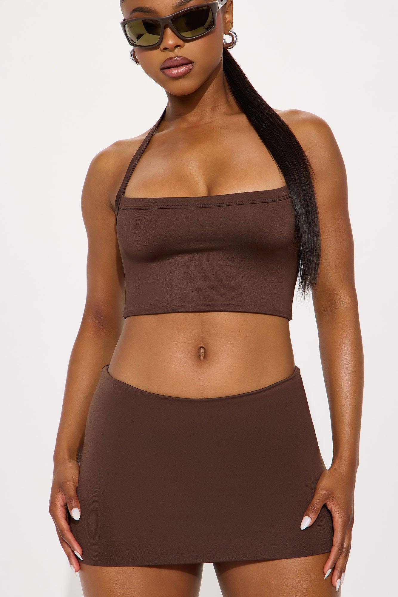 Contour Double Lined Cropped Halter Top - Chocolate Female Product Image
