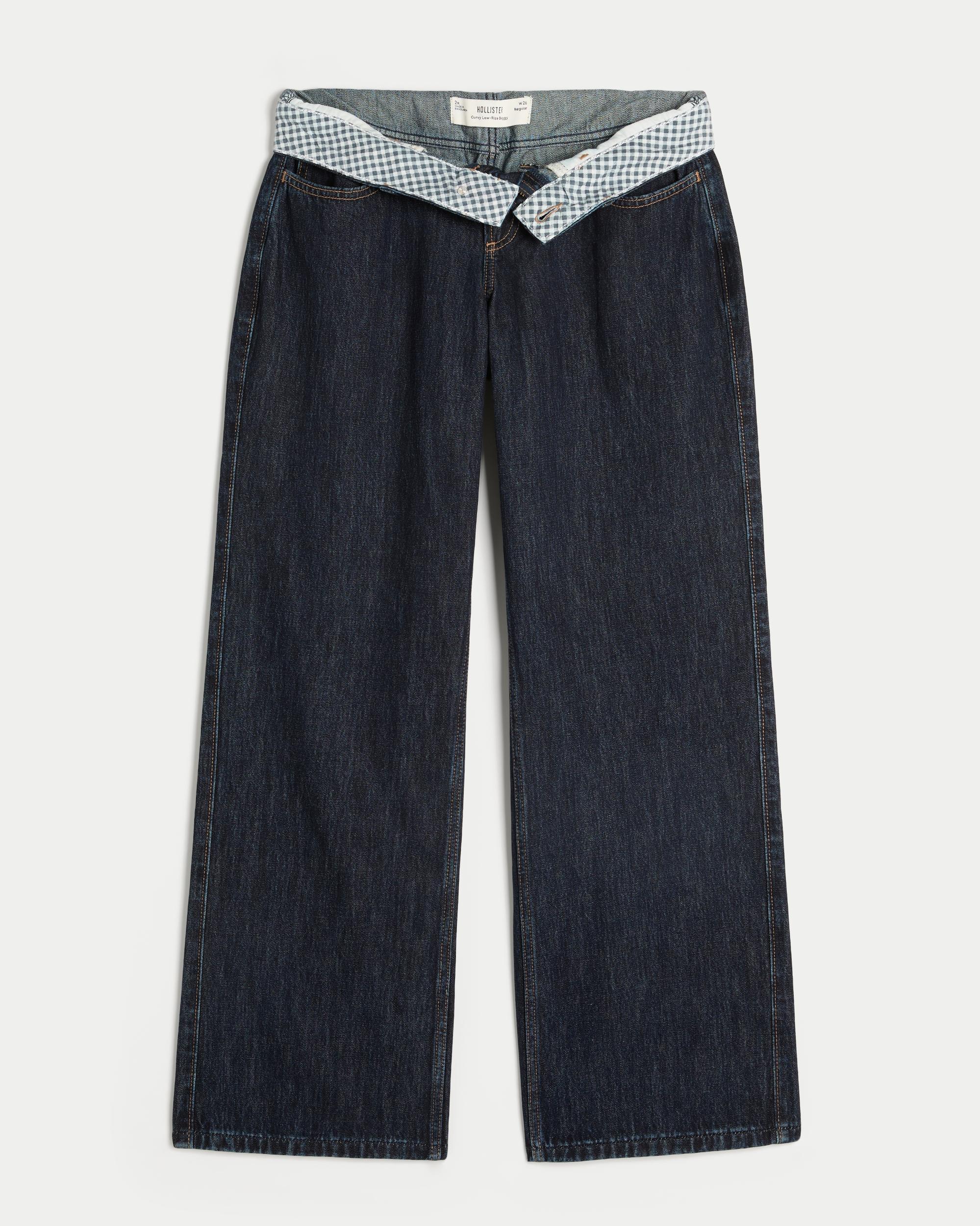 Curvy Low-Rise Dark Wash Foldover Waist Baggy Jeans Product Image