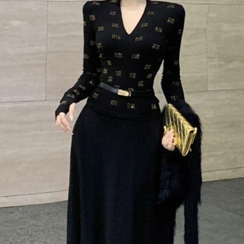 Long-Sleeve V-Neck Rhinestone Top / High Rise Midi Mermaid Skirt / Fluffy Jacket / Belt Product Image
