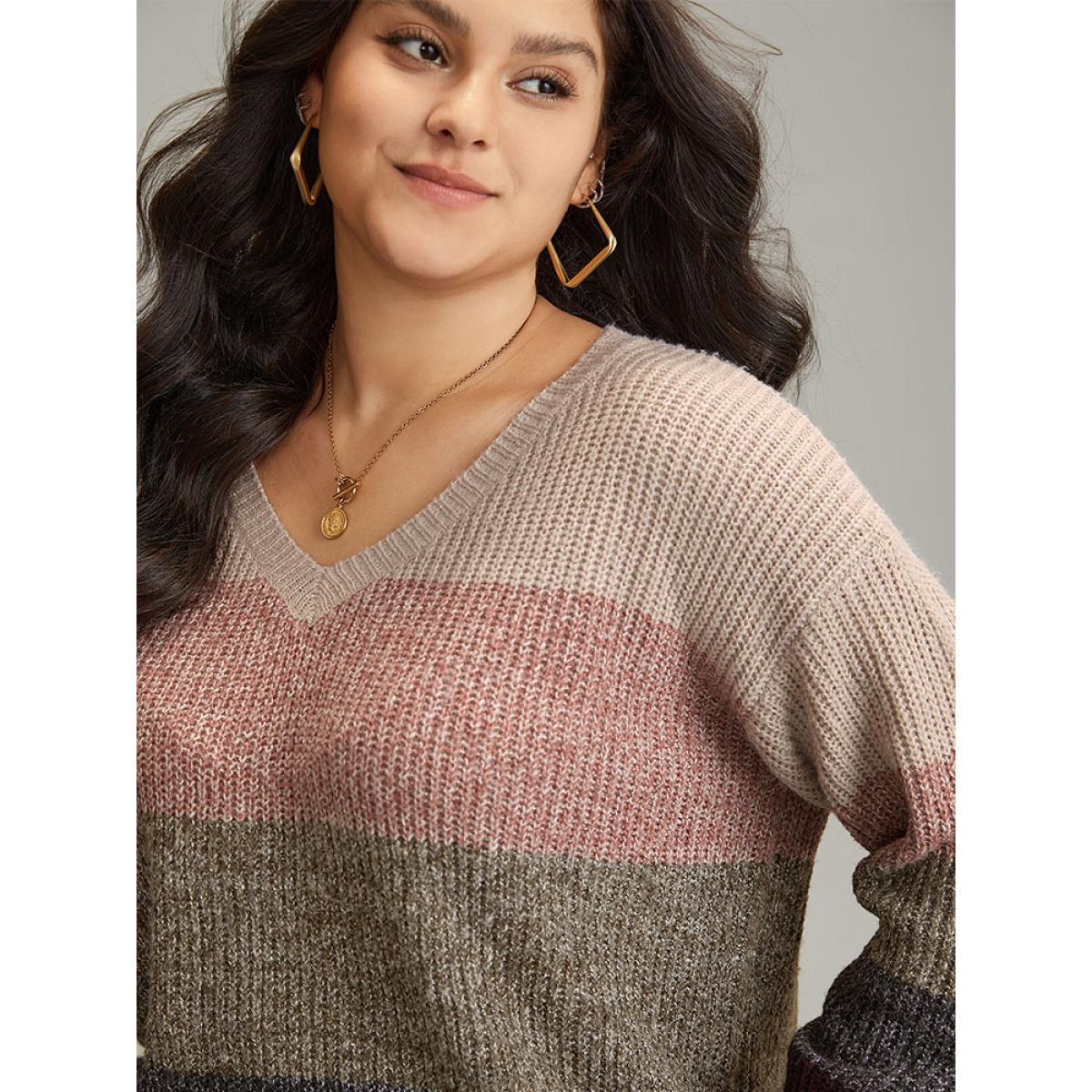 Plus Size Heather Colorblock V Neck Split Hem Pullover Multicolor Women Casual Loose Long Sleeve V-neck Dailywear Pullovers BloomChic 10/M Product Image