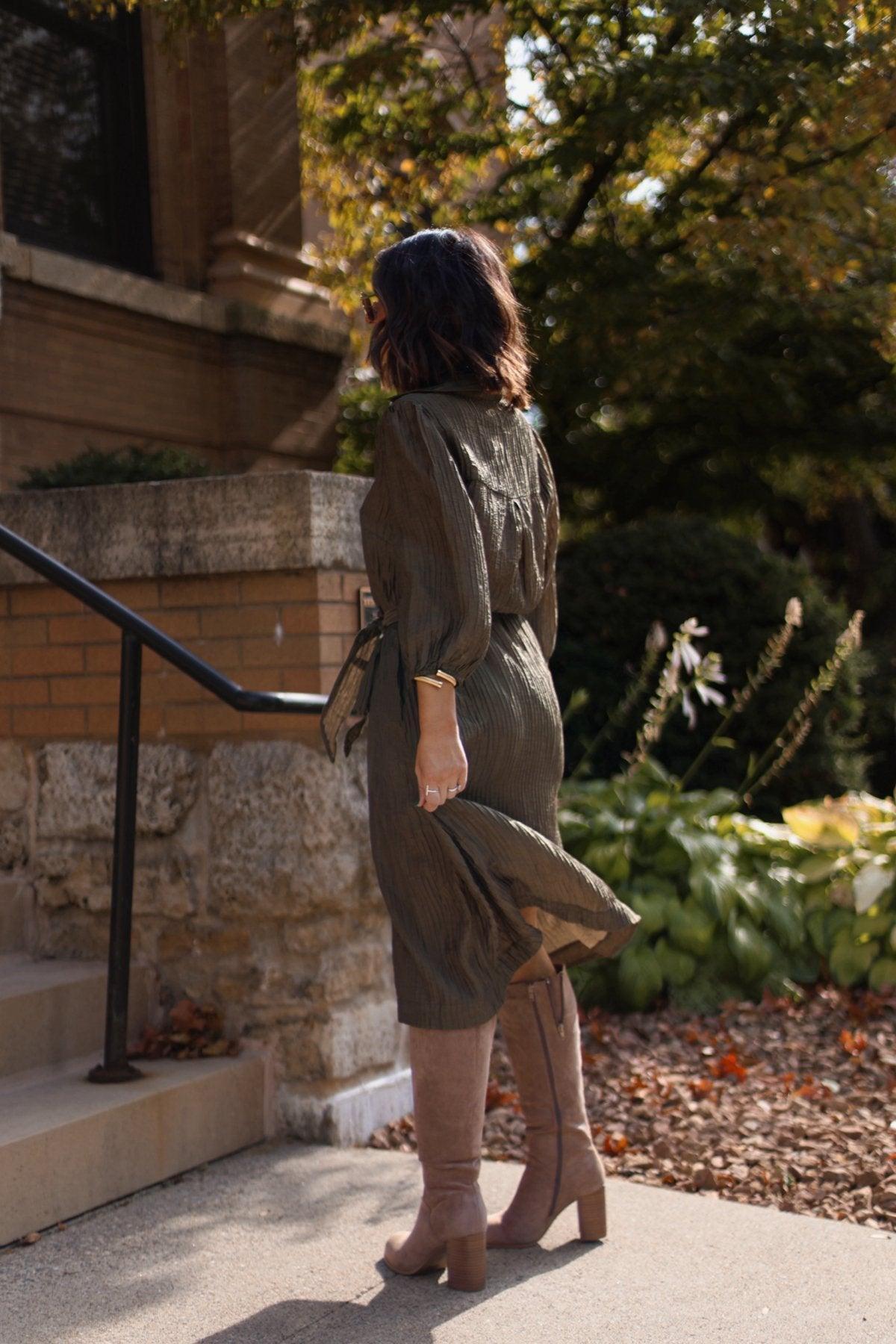 Olive Button Down Belted Midi Dress-FINAL SALE Female Product Image