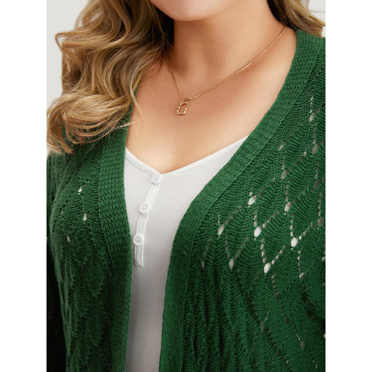 Plus Size Plain Geo Eyelet Drop Shoulder Maxi Cardigan Emerald Women Casual Loose Long Sleeve Dailywear Cardigans BloomChic 18-20/2X Product Image